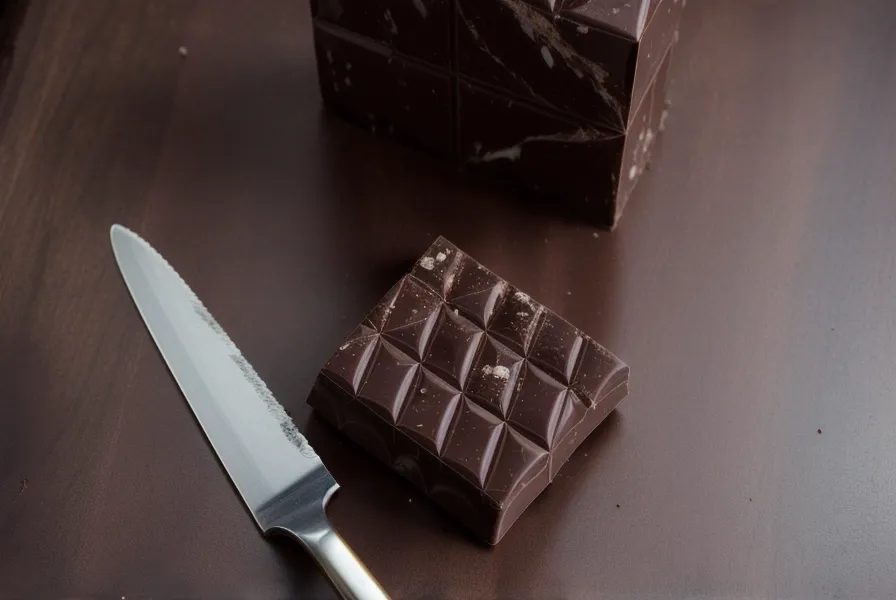 Bloque de chocolate artesanal picado en tabla de madera antes de templar para fresas con chocolate