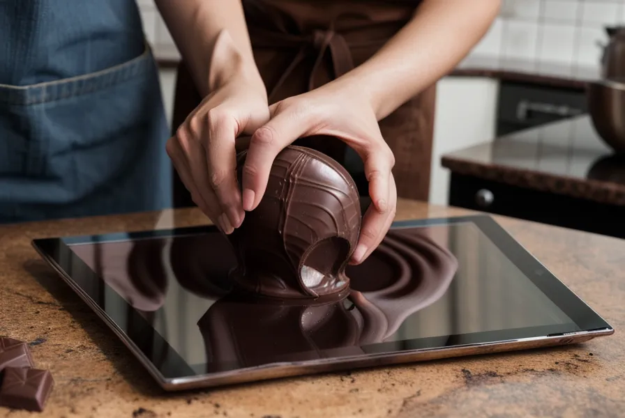 iPad con curso de repostería en casa abierto junto a moldes de chocolate artesanal