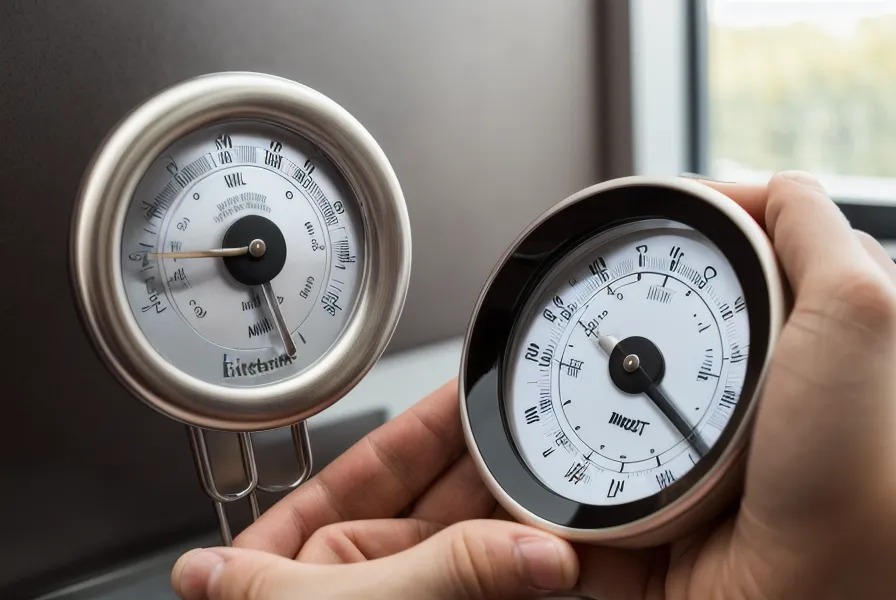 Termómetro digital marcando la temperatura para templar chocolate artesanal en repostería en casa