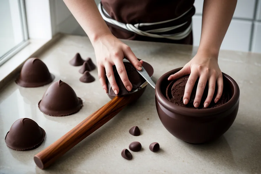 Bombón artesanal de chocolate y fresas abierto mostrando ganache de canela infusionada.