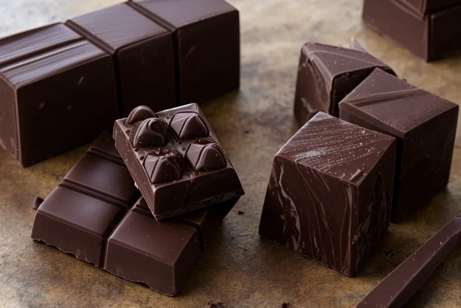 Bloque de chocolate cobertura junto a baño de repostería mostrando la diferencia de brillo y textura