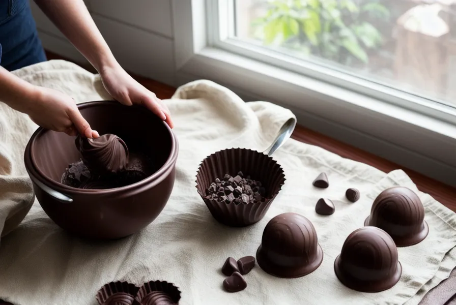 Molde de policarbonato golpeado contra la mesa para liberar burbujas de aire en bombones artesanales