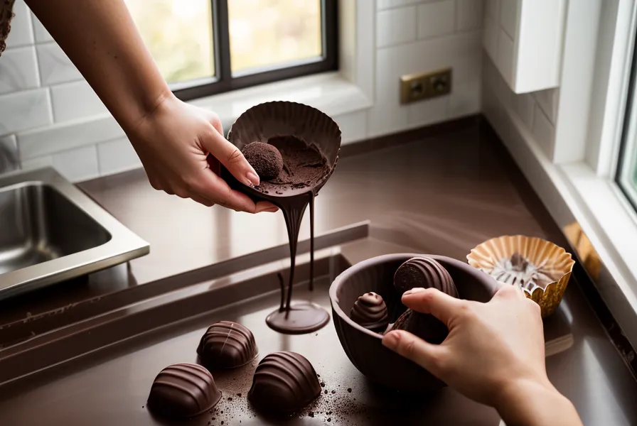 Bombones de chocolate caseros terminados, sin burbujas, listos tras corregir errores comunes del templado