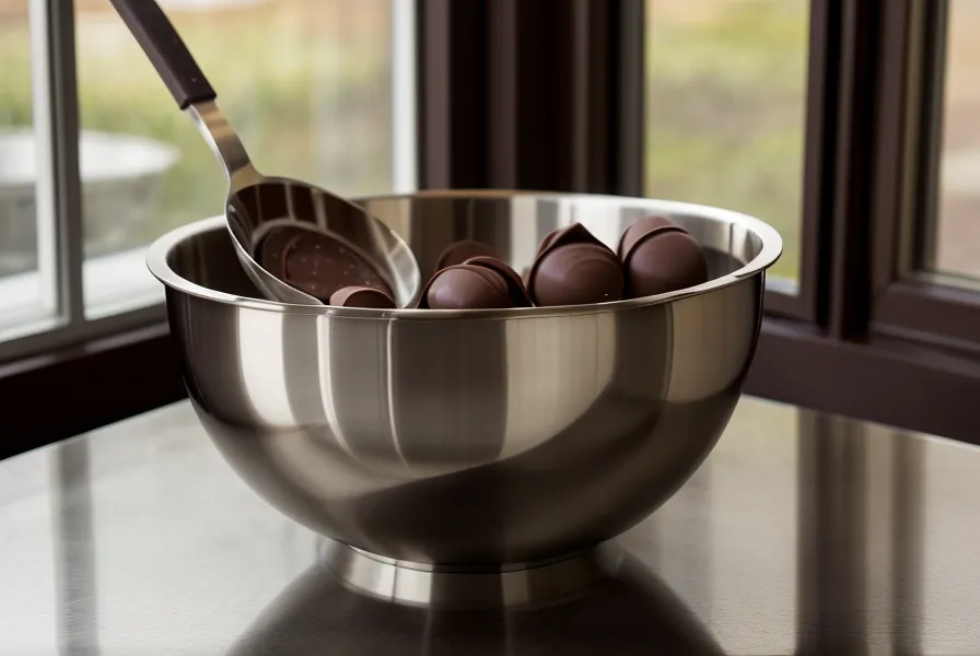 Chocolate con manchas blancas por templado fallido en clima húmedo, primer plano en bowl de acero