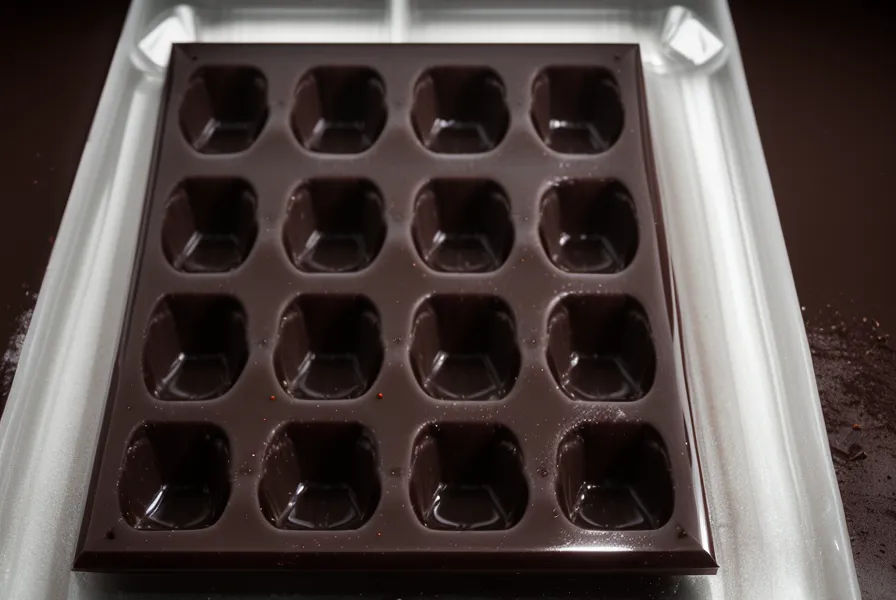 Molde de policarbonato lleno de chocolate templado con brillo, listo para fresas con chocolate