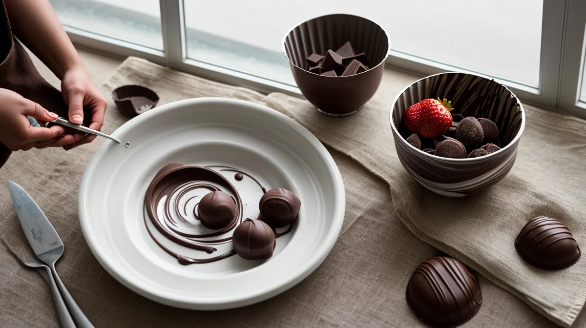 Consejos para templar chocolate en el clima seco de Salta este invierno: bol de chocolate oscuro templado en una cocina fría