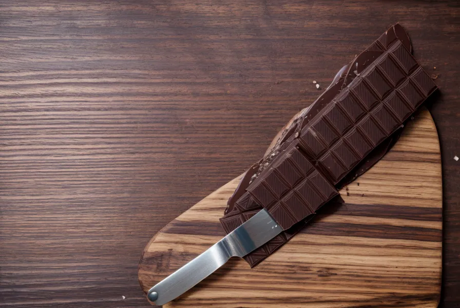 Chocolate amargo picado sobre tabla de madera junto al termómetro digital, listo para templar en una cocina salteña de invierno