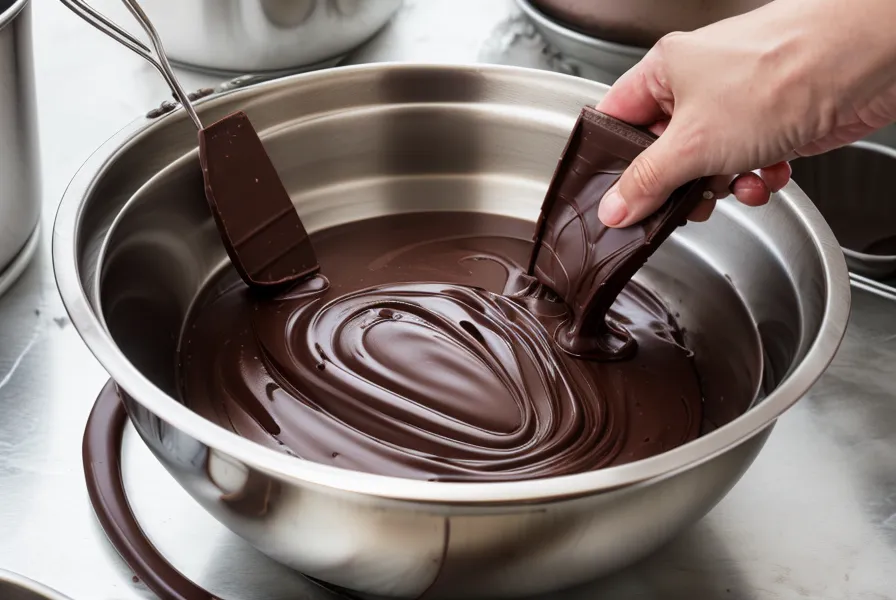 Chocolate derritiéndose a baño maría con vapor suave, paso clave para templar chocolate en clima seco