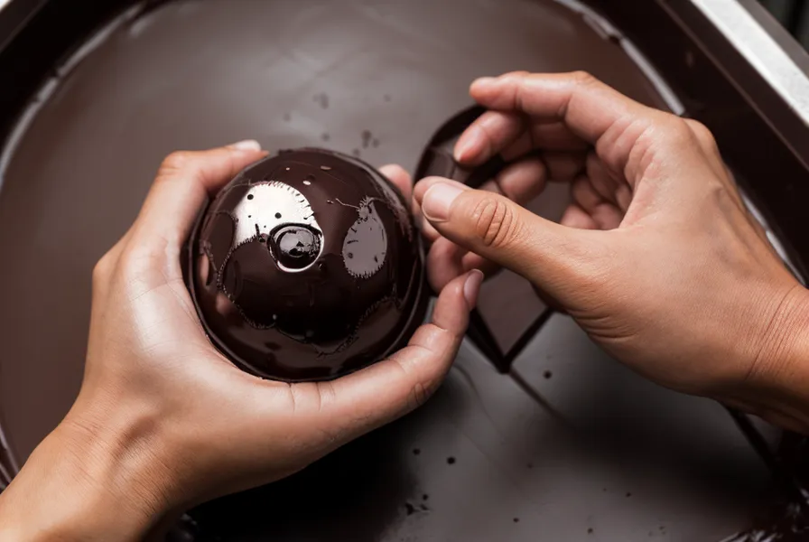 Bombón de chocolate bien templado y brillante sostenido con la mano después de desmoldar