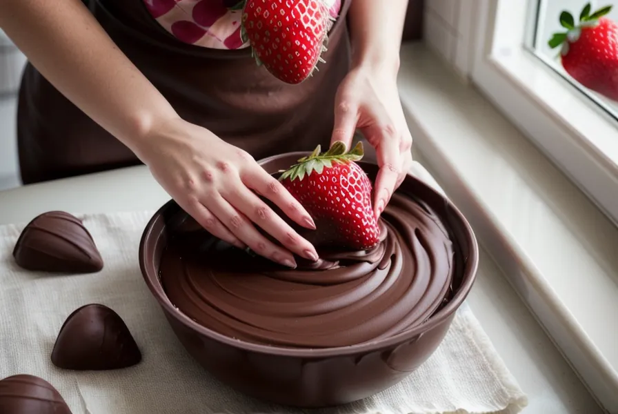 Arreglos de fresas con chocolate listos para vender en una fiesta local en Salta, Argentina