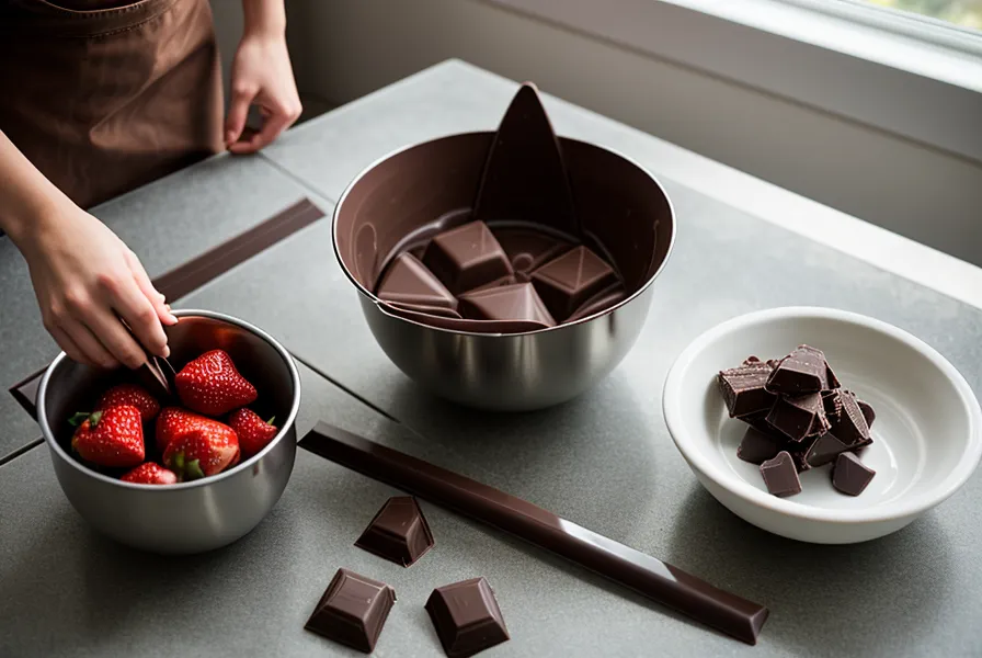 Fresa con chocolate de brillo parejo, resultado de bombones artesanales hechos en casa