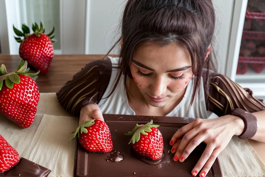 Fresas recién lavadas secándose sobre un paño de cocina antes de bañarlas en chocolate templado.
