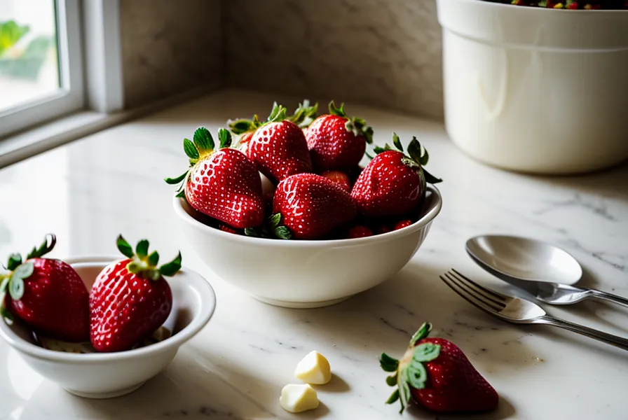 Fresas rojas frescas secándose con el tallo puesto sobre un paño de cocina antes de decorarlas con chocolate blanco