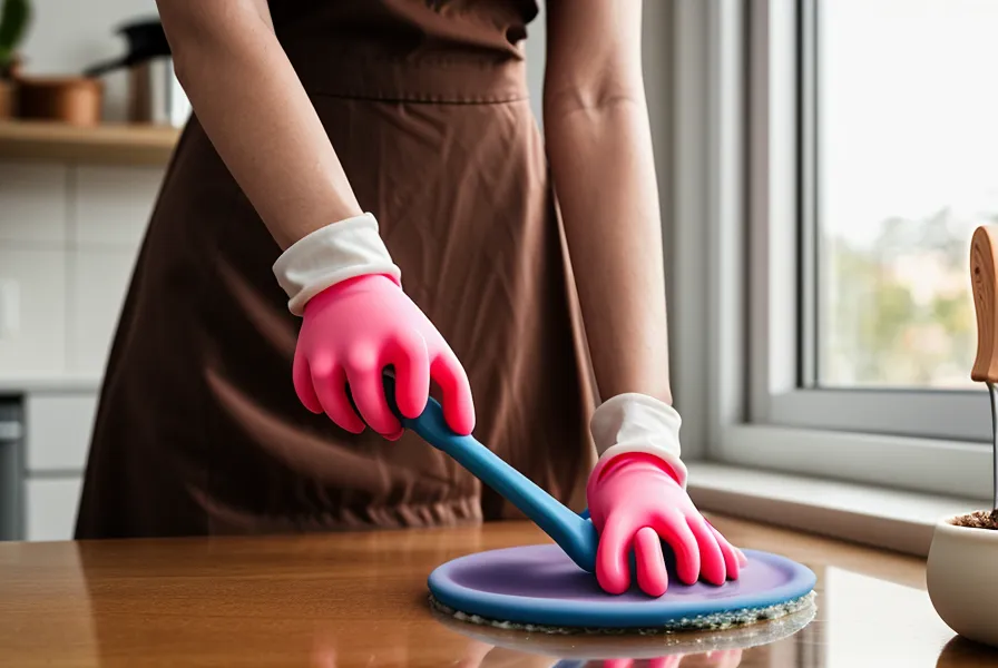 Manos limpiando una espátula de cocina, con el iPad de fondo mostrando las notas de organización del domingo