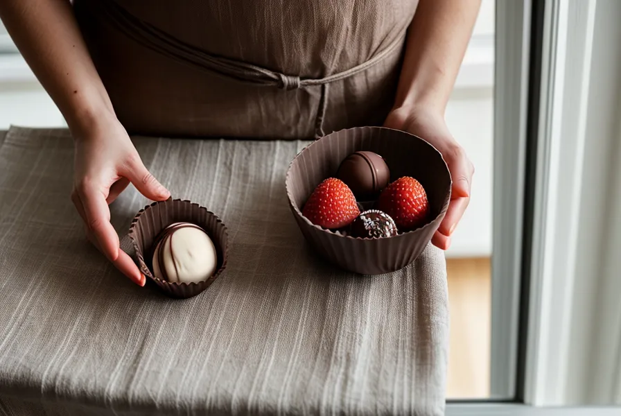 Bombones de fresa con el chocolate corrido por humedad en la fruta, un error común de mercado