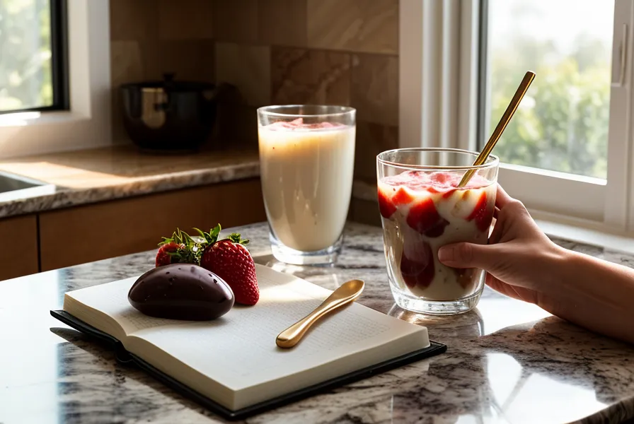 iPad con la clase online de fresas con chocolate abierta en la mesa de la cocina