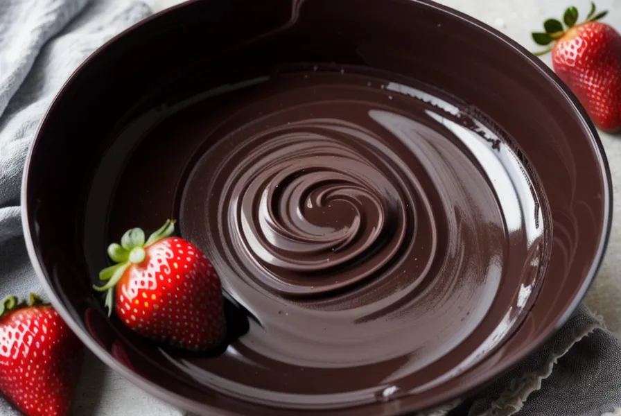 Primer plano de chocolate amargo con técnicas de templado que dan brillo profesional en un bol de acero.