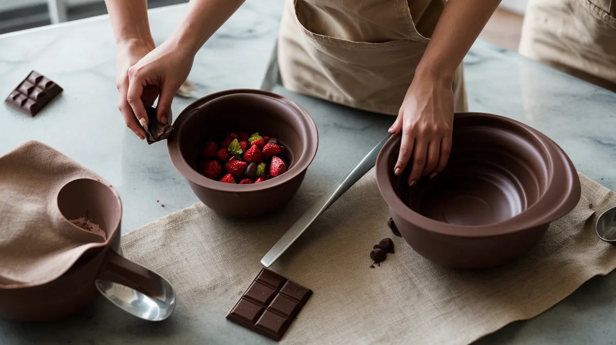 Fresas con chocolate como emprendimiento casero: bandeja recién bañada sobre la mesada de una cocina salteña