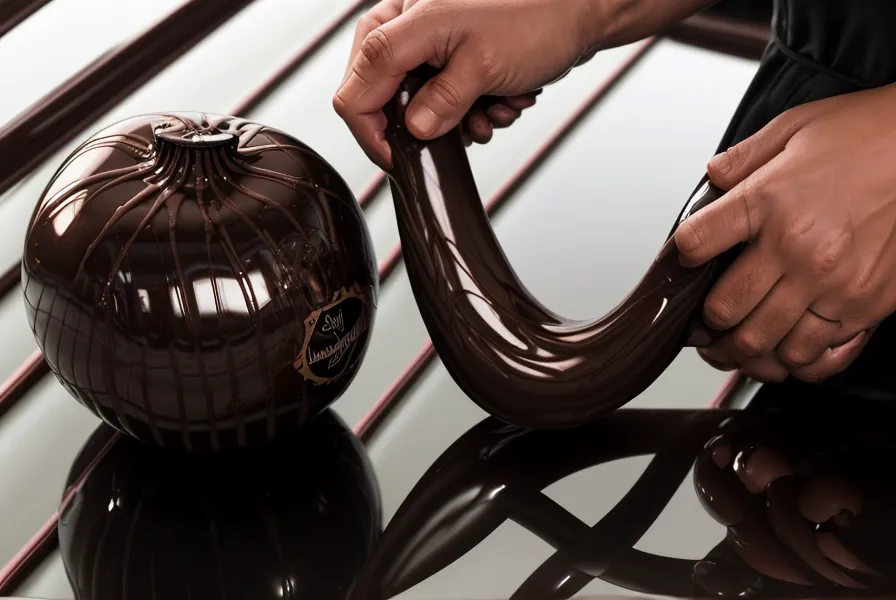 Manos desmoldando un bombón de chocolate brillante recién templado