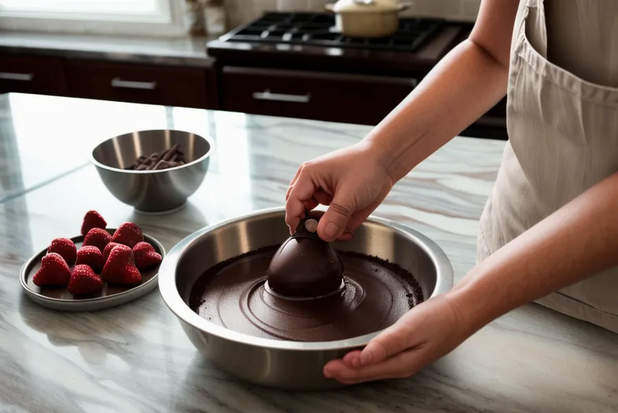 Fresas con chocolate recién bañadas sobre un tapete de silicona azul, uno de los utensilios básicos de acabado