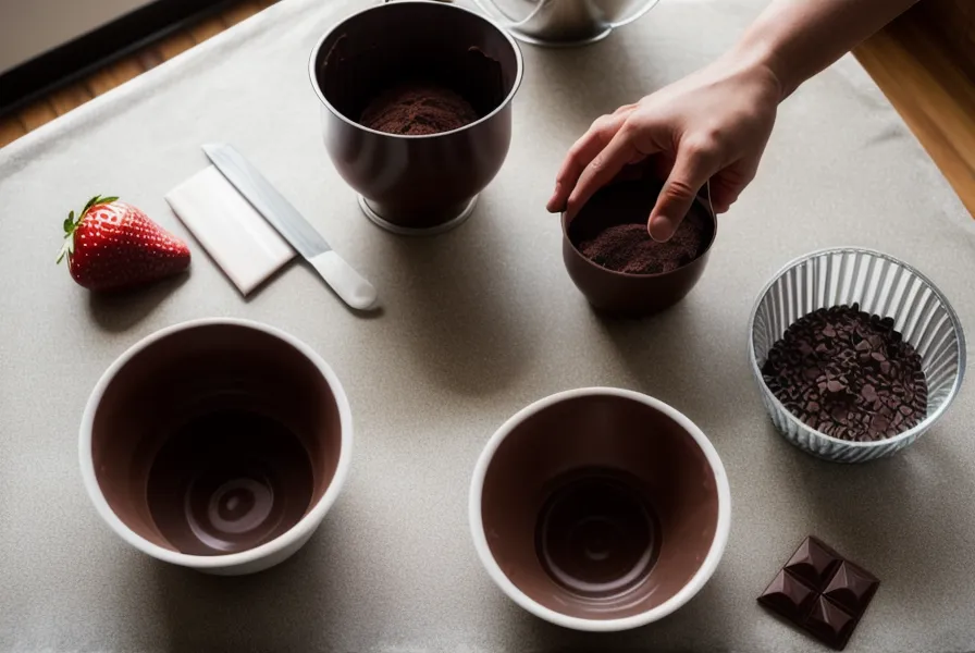 Molde de silicona lleno de chocolate templado, técnica de templado casera para bombonería casera