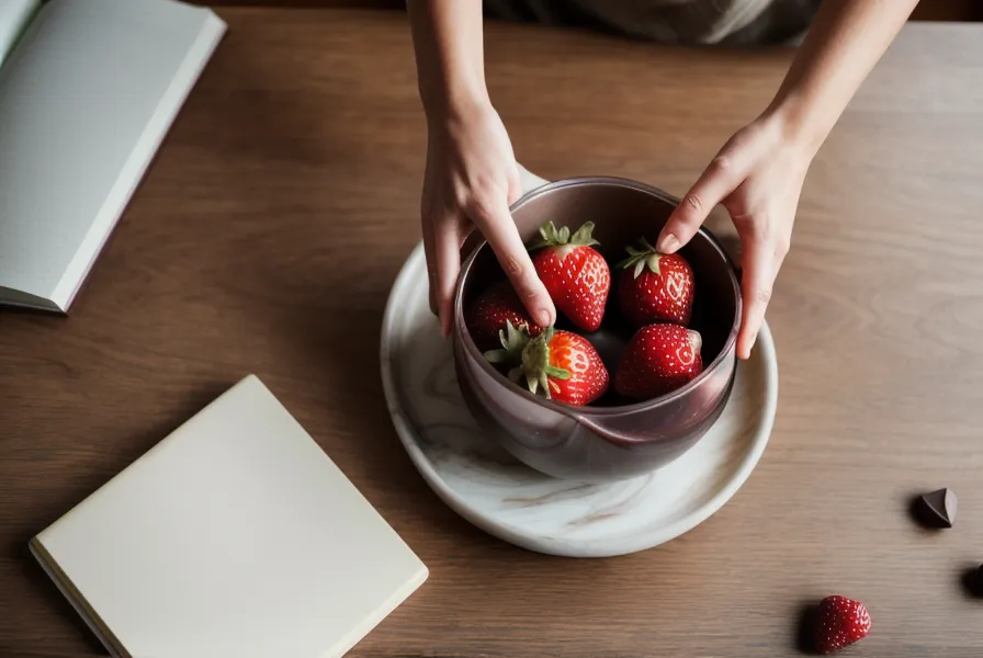 Fresas con chocolate recién bañadas sobre la mesada de una cocina en Salta, Argentina, con el chocolate templado todavía brillante