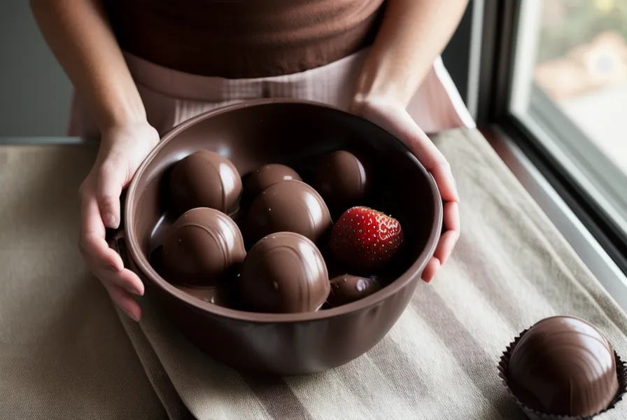Mano bañando una fresa con chocolate oscuro bien templado, con el brillo parejo típico de la repostería en casa