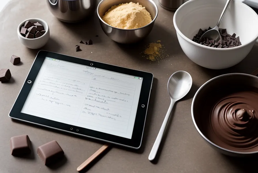 iPad abierto con el curso de fresas con chocolate junto a notas manuscritas sobre la mesa de madera de la cocina