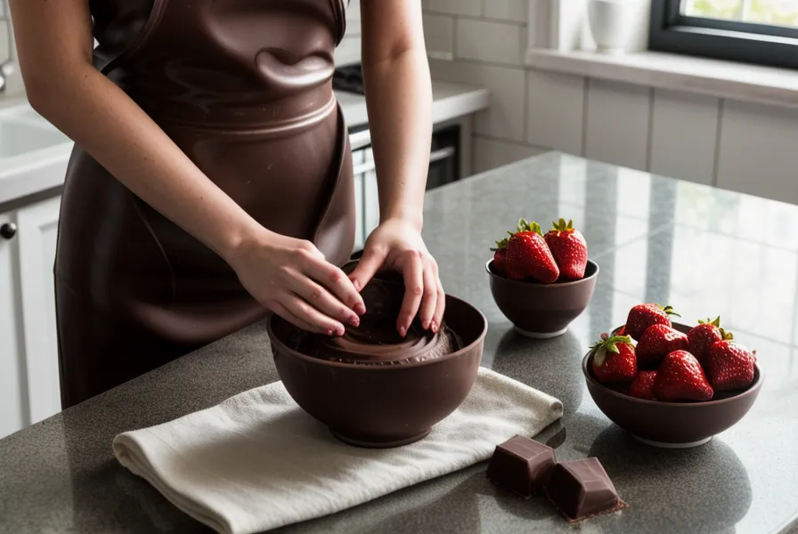 Caja de fresas con chocolate terminadas junto a libros de la biblioteca, lista para llevar al coro de la parroquia