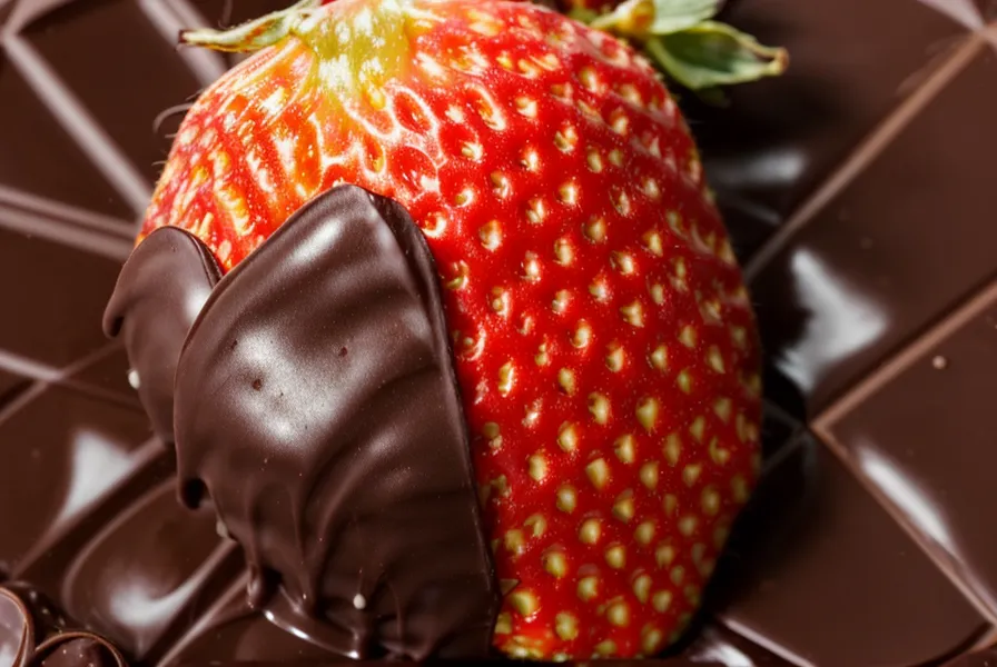 Fresa con chocolate mordida mostrando el quiebre limpio de una cobertura bien templada