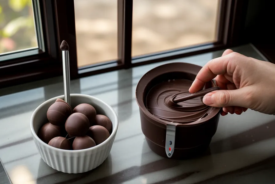 Termómetro digital controlando la temperatura del chocolate artesanal para fresas con chocolate