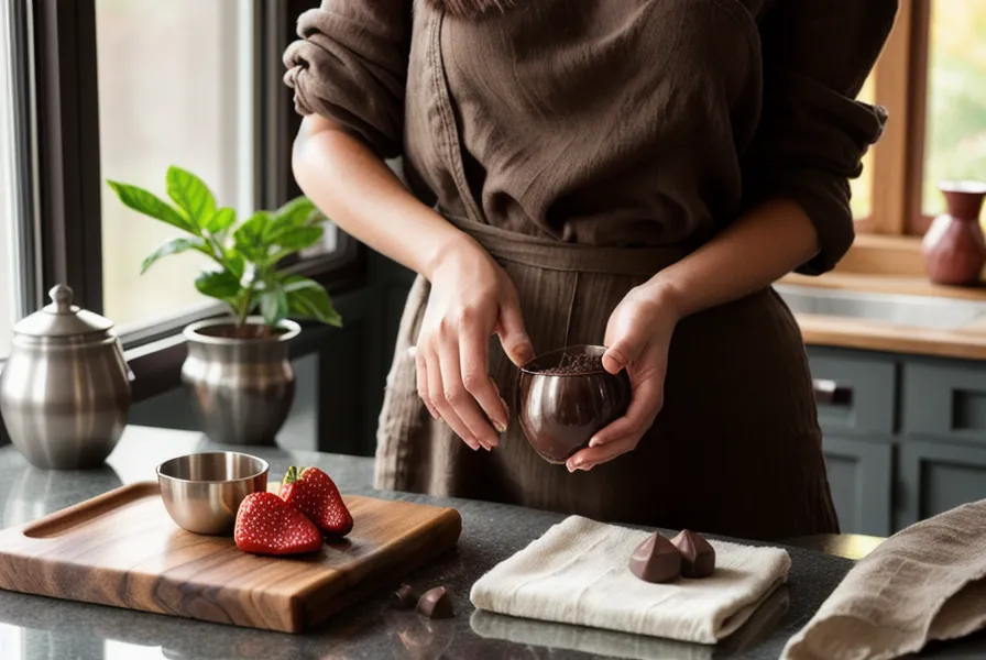 Fresa bañada en chocolate artesanal acomodada en una caja del emprendimiento casero