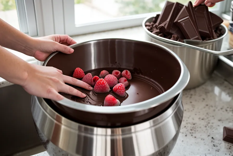 Caja de fresas con chocolate artesanal terminada junto a un mate en la mesa de Tres Cerritos