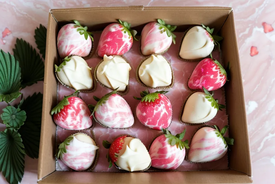 Fresas con chocolate blanco y efecto mármol pintado a mano en bombones caseros