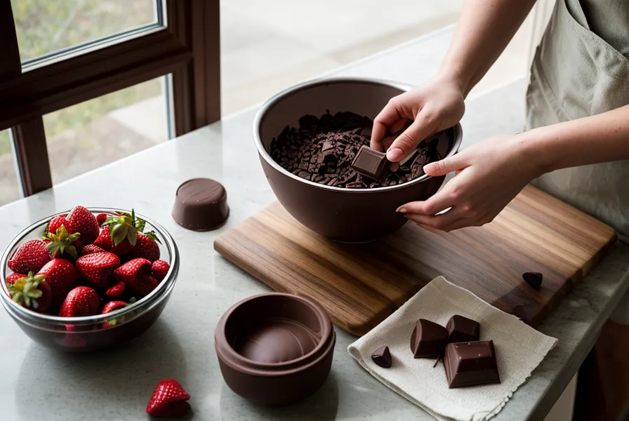 Chocolate opaco y granulado junto a fresas húmedas, resultado de un intento fallido antes de encontrar el curso de fresas con chocolate adecuado