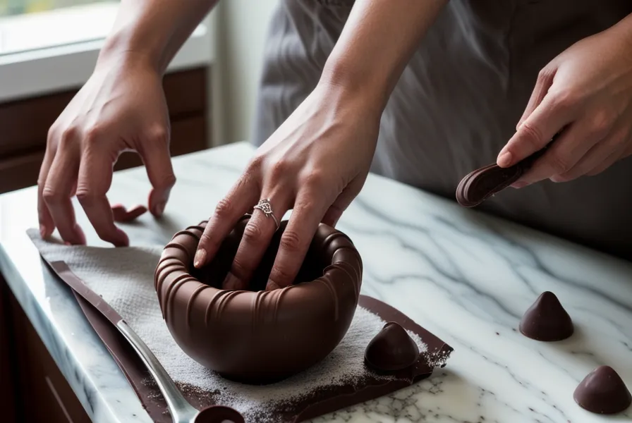 Molde de bombones artesanales a medio llenar junto a fresas con chocolate en casa, en una cocina de Salta