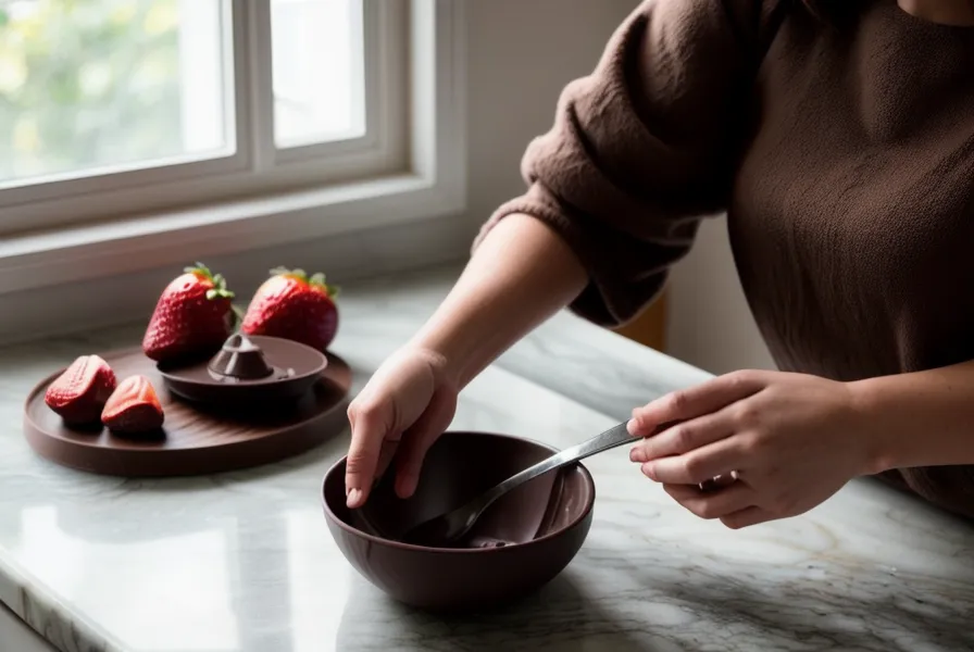 Primer plano de un molde de silicona para bombones artesanales sobre una mesa de madera, listo para fresas con chocolate