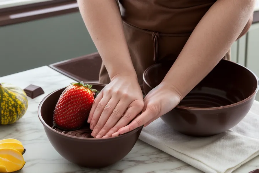Fresas con chocolate recién bañadas enfriándose sobre papel manteca en una cocina de Salta