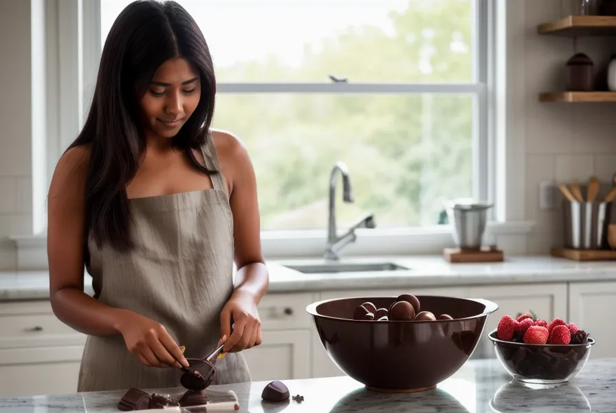 Bombones de chocolate artesanales recién templados, ritual de calma en una chocolatería amateur