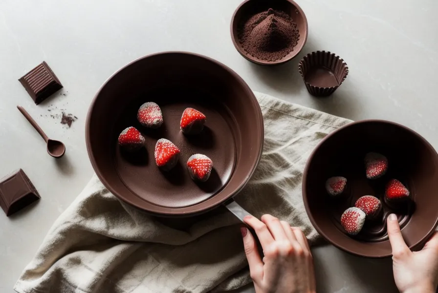 Fresas frescas recién compradas en Calle Caseros, dispuestas sobre un paño limpio antes de bañarlas en chocolate