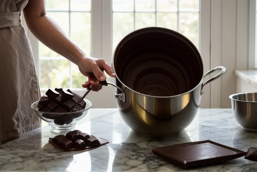 Bombón de chocolate artesanal partido por la mitad, mostrando el snap y el relleno de ganache casero