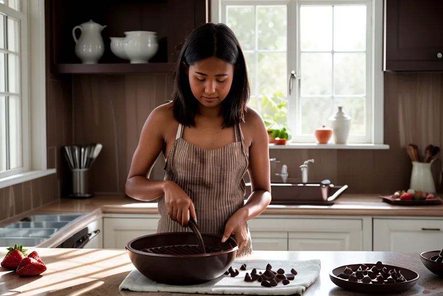 Bombones de chocolate artesanal recién templados junto a fresas con chocolate, escena de templado en casa en una cocina de Salta