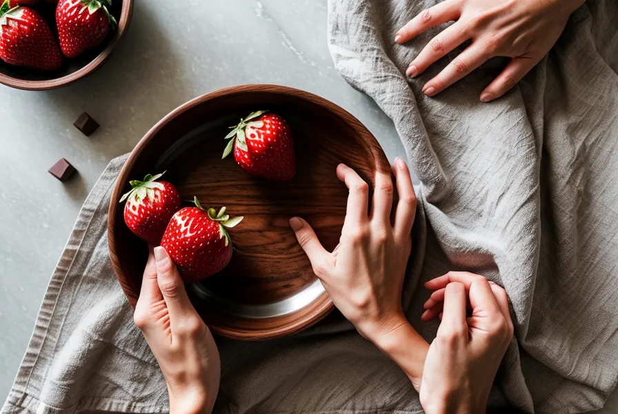 Fresa fresca sumergida en chocolate templado brillante, ejemplo de fresas con chocolate hechas en casa
