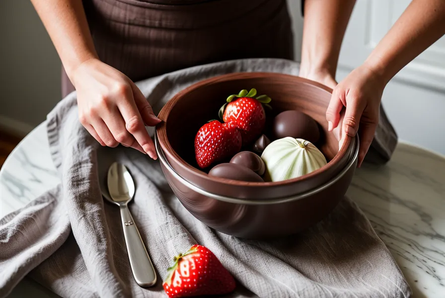 Fresas con chocolate recién templadas reposando sobre papel manteca en una cocina hogareña de Salta