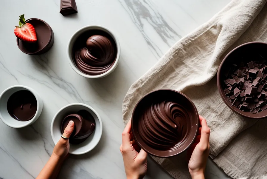Bombones caseros terminados en un plato, uno partido a la mitad mostrando el brillo del chocolate de supermercado bien templado