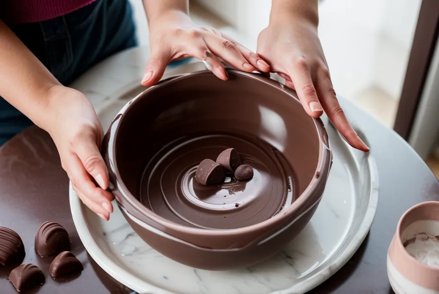 Termómetro digital marcando la temperatura de trabajo del chocolate amargo para el templado